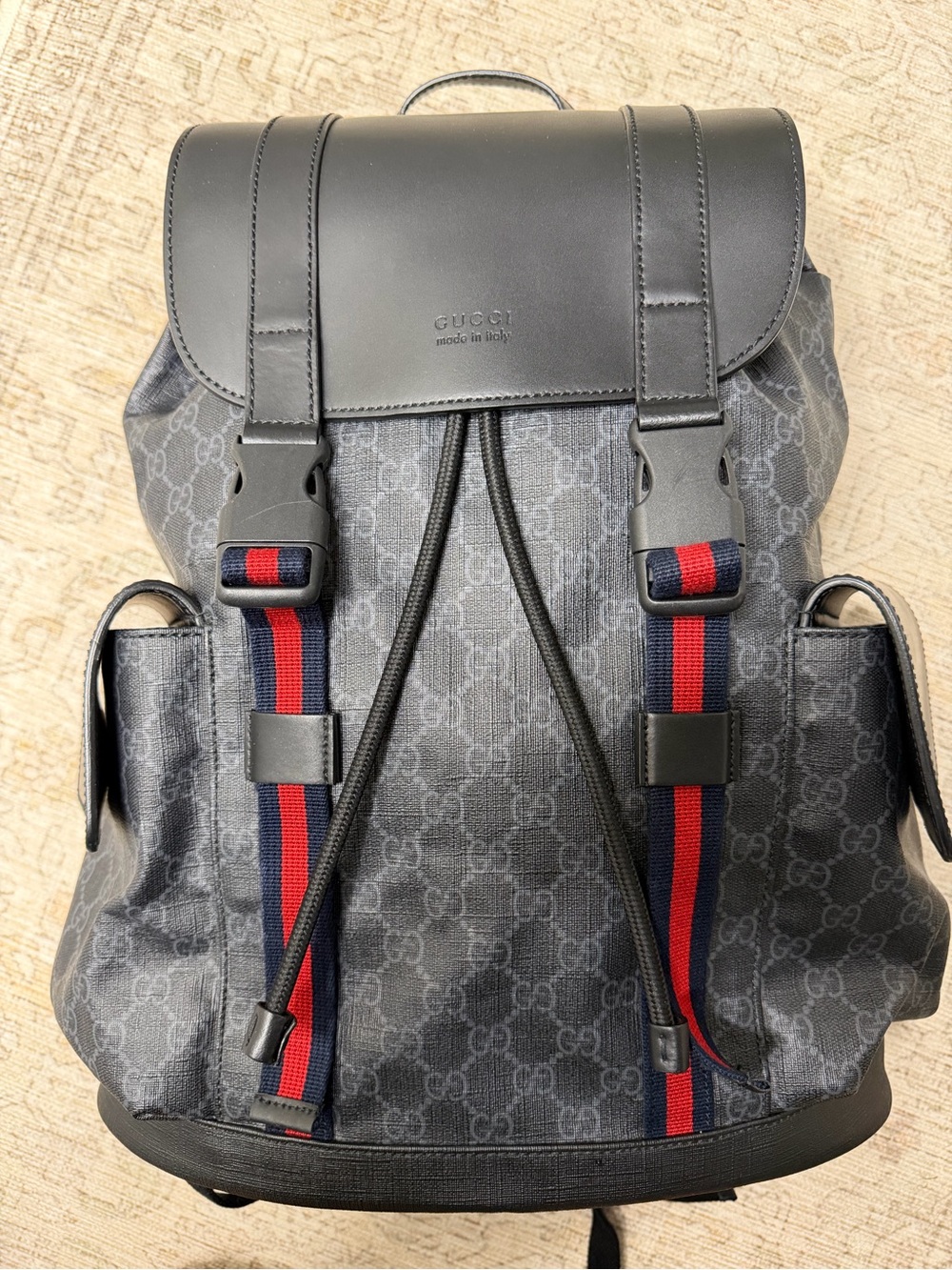 Gucci Black Monogram Backpack with Red & Blue Web Straps